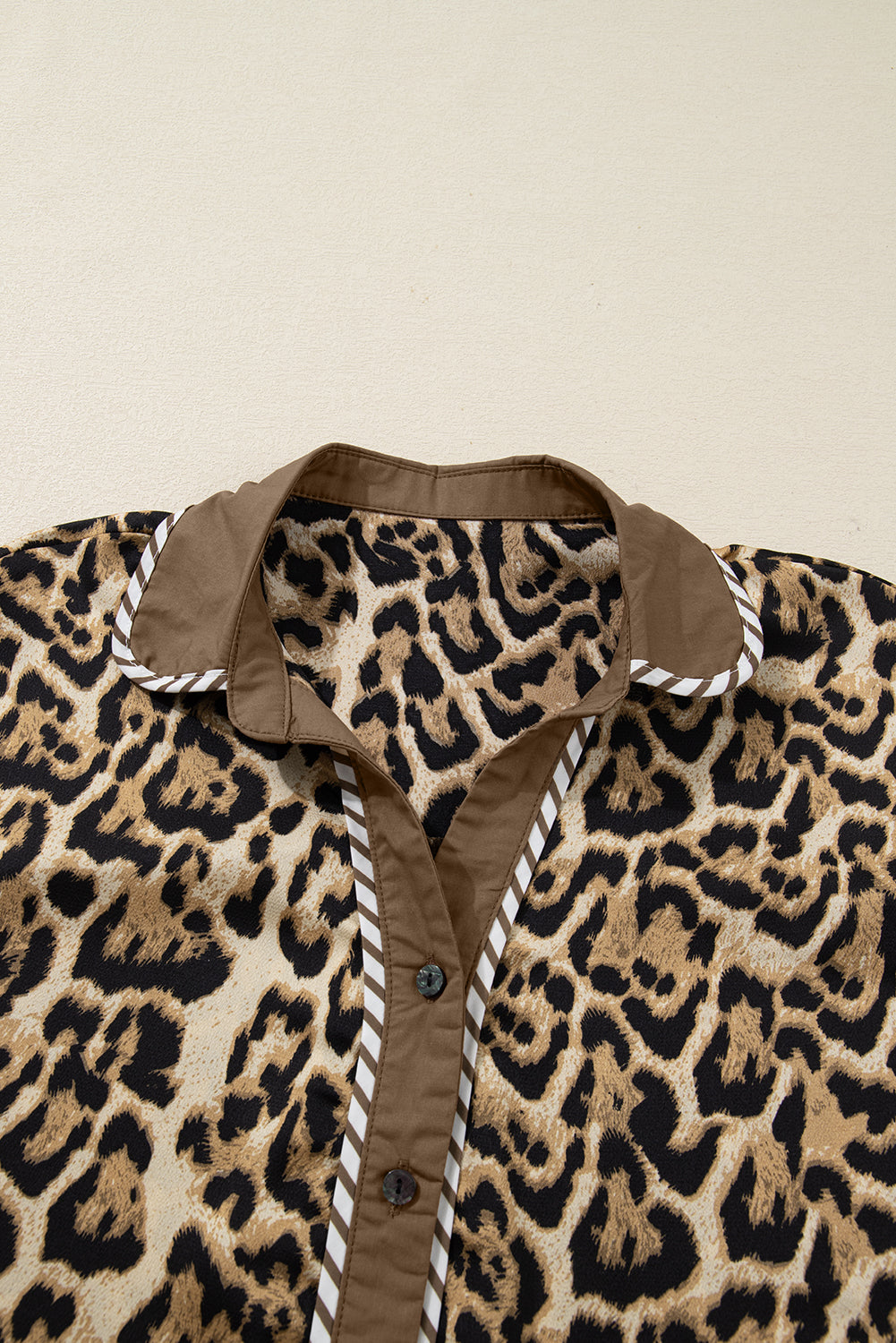 Y2K Brown Leopard Collared 3/4 Sleeve Shirt and Loose Pants Two Piece Outfit Set