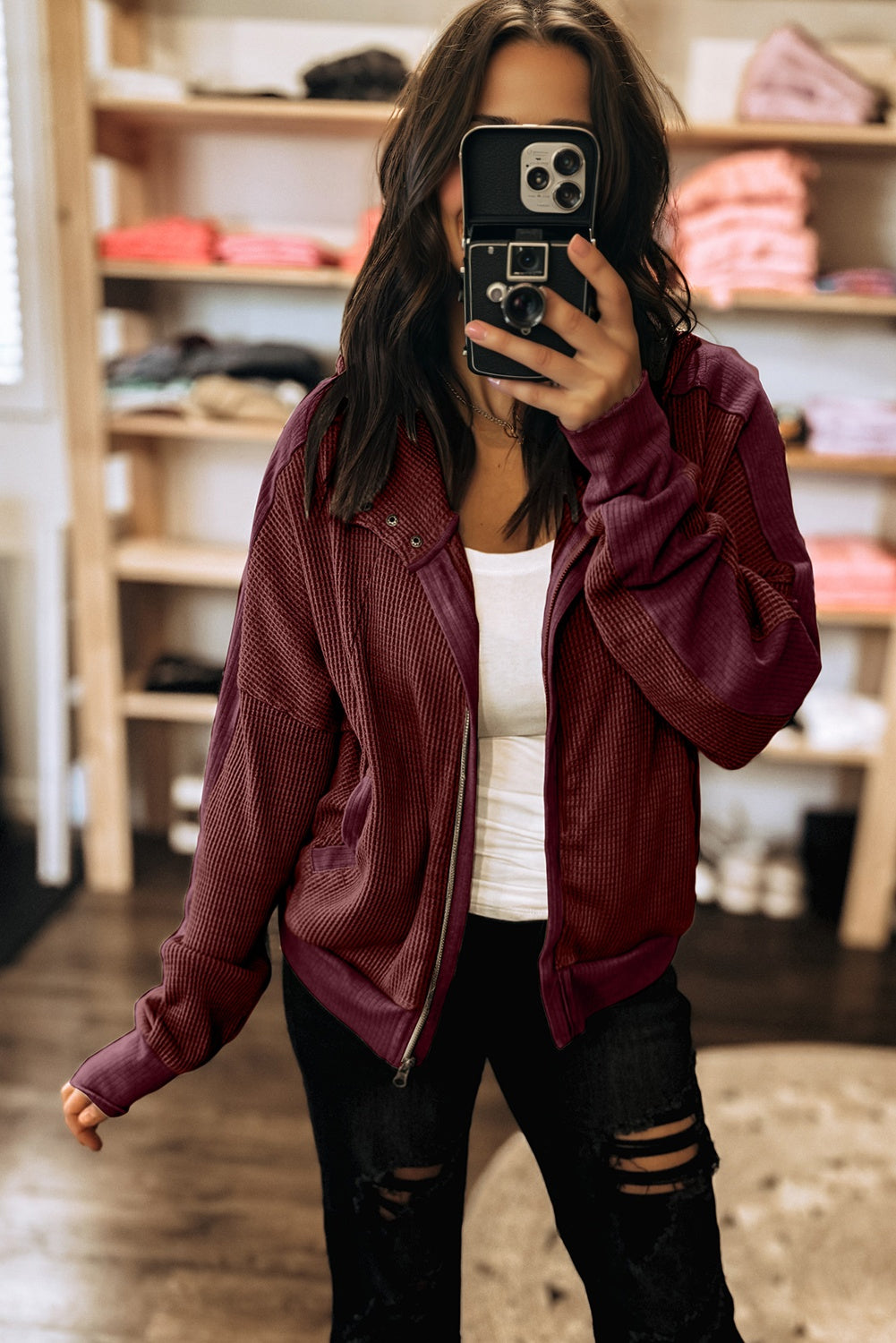 Y2K Burgundy Waffle Splicing Zip Up Front Button Hooded Jacket