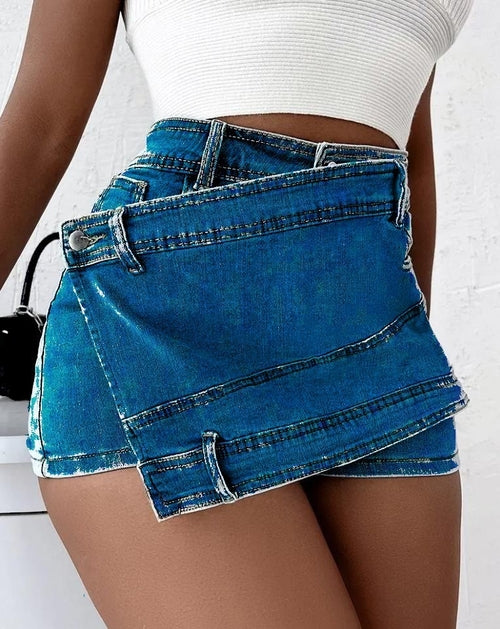 Y2K Street Vintage Denim Shorts Stretch Overlap Waist Wrap Solid