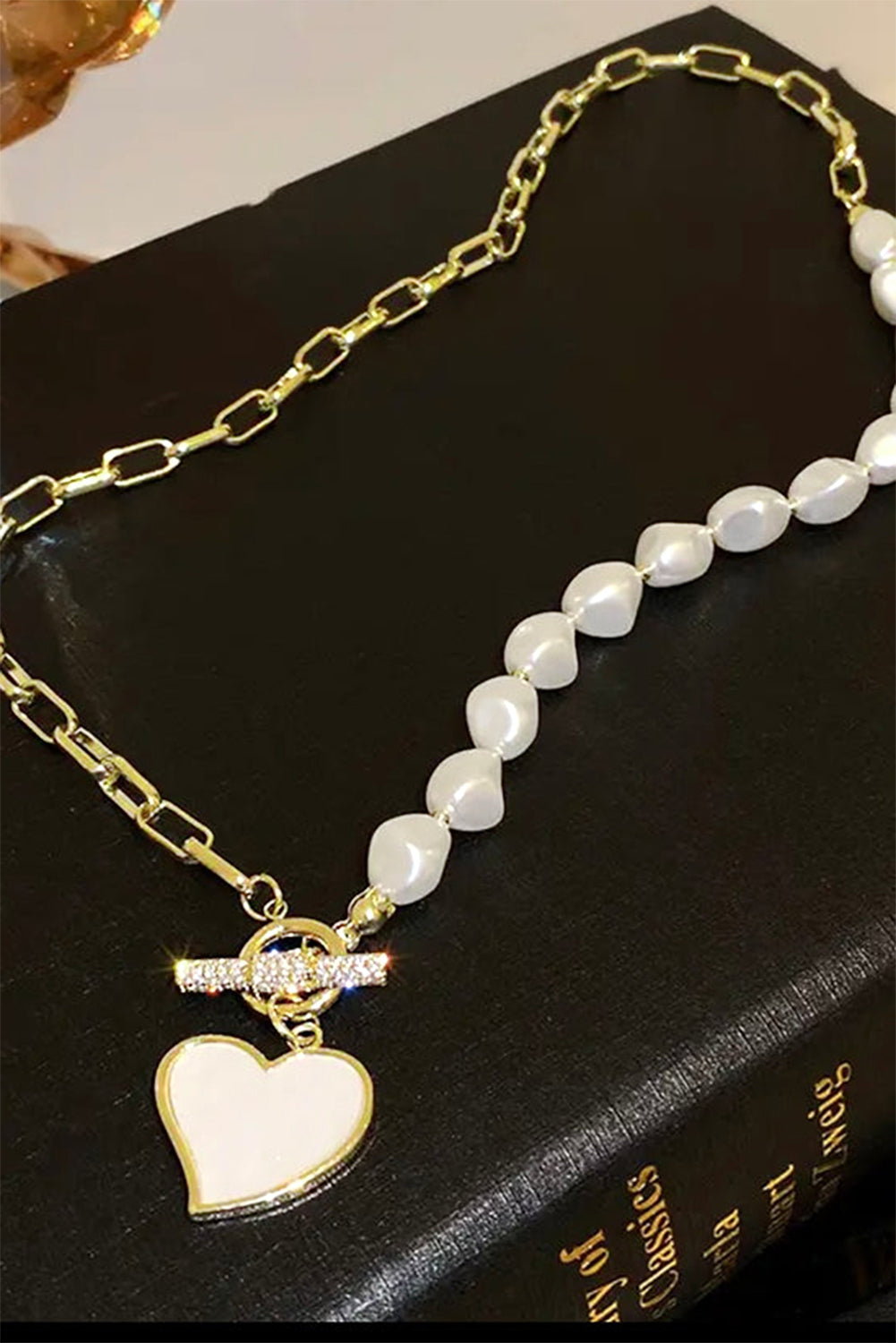 Y2K Gold Heart Shape Pendant Rhinestone Decor Pearl Chain Necklace