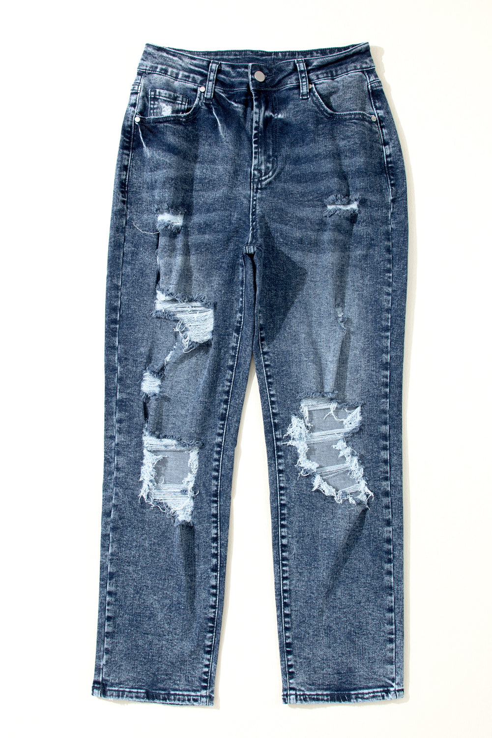 Y2K Navy Blue Light Wash Frayed Slim Fit High Waist Jeans