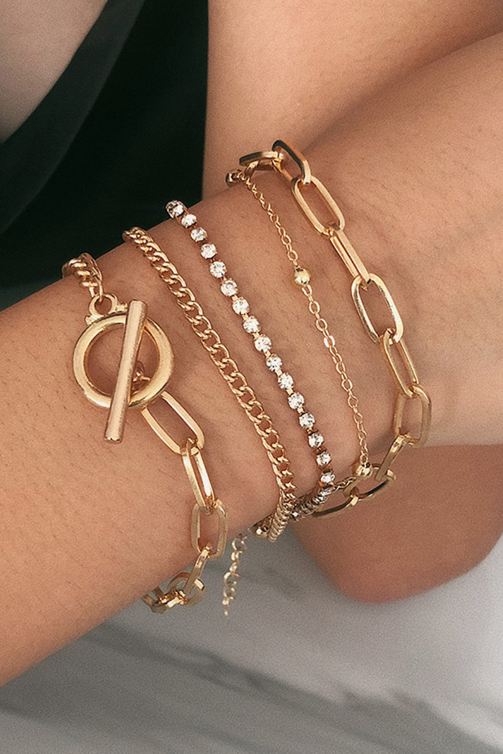 Y2K Gold Multi Layered Rhinestone Plated Chain Bracelet Set