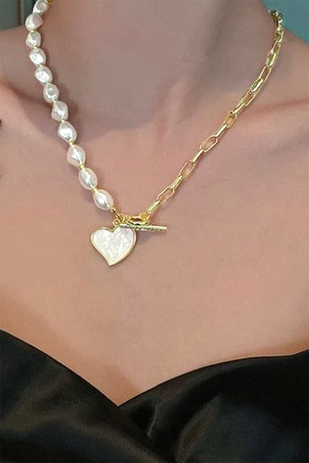Y2K Gold Heart Shape Pendant Rhinestone Decor Pearl Chain Necklace