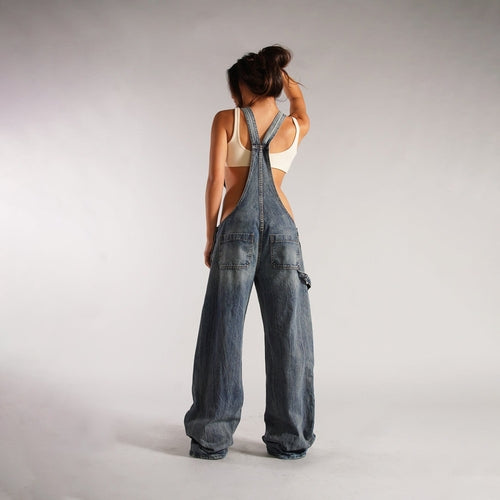 Y2K Zipper Denim Overalls With Pockets Fashion Loose Suspender