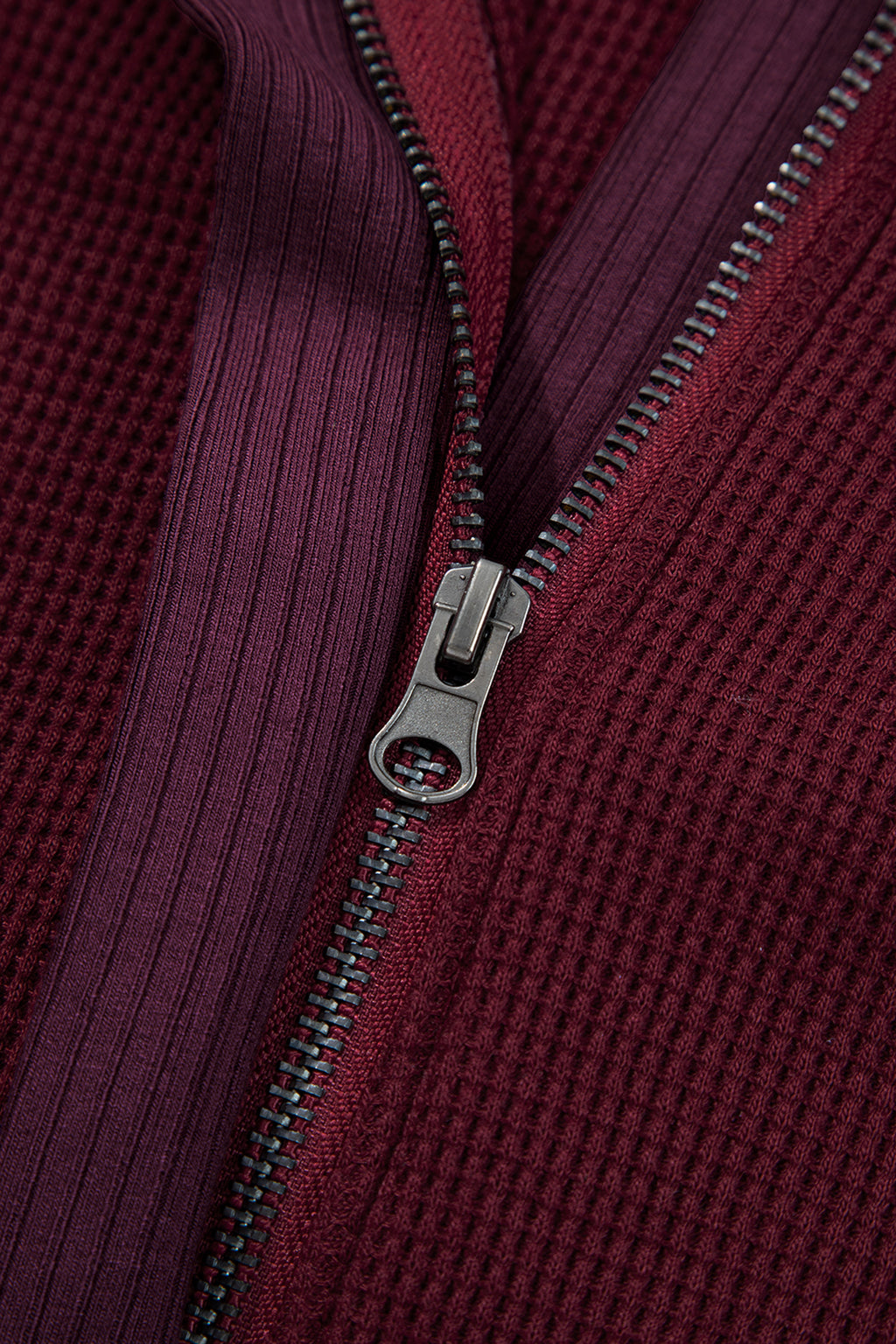 Y2K Burgundy Waffle Splicing Zip Up Front Button Hooded Jacket