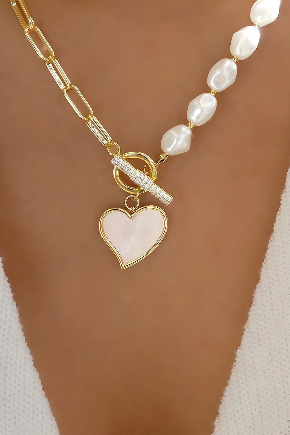 Y2K Gold Heart Shape Pendant Rhinestone Decor Pearl Chain Necklace