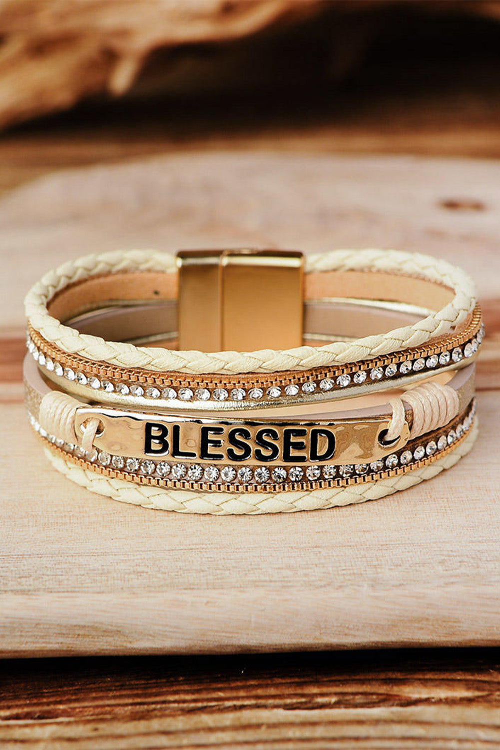 Y2K Beige BLESSED Rhinestone Braided Detail Buckle Bracelet