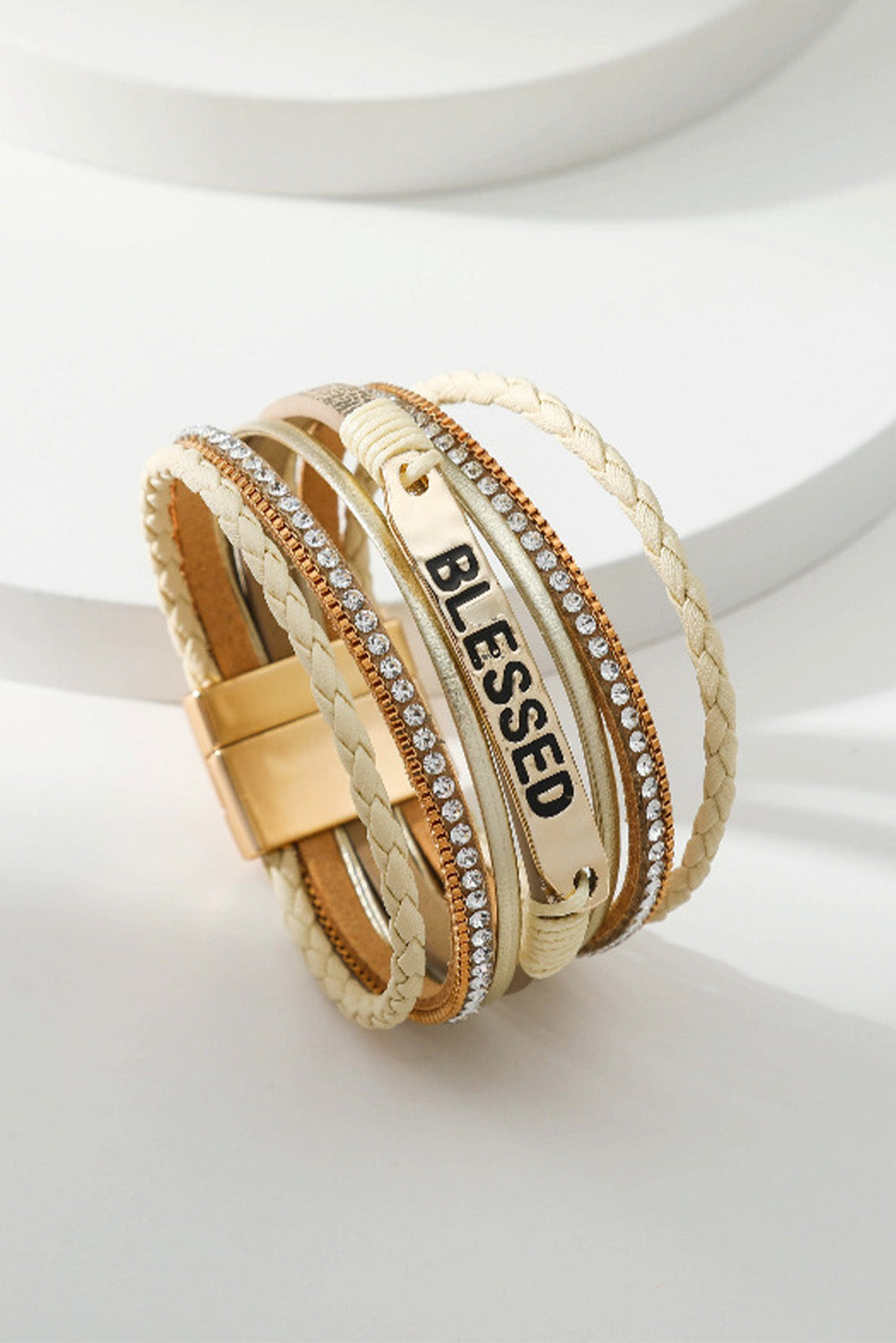 Y2K Beige BLESSED Rhinestone Braided Detail Buckle Bracelet