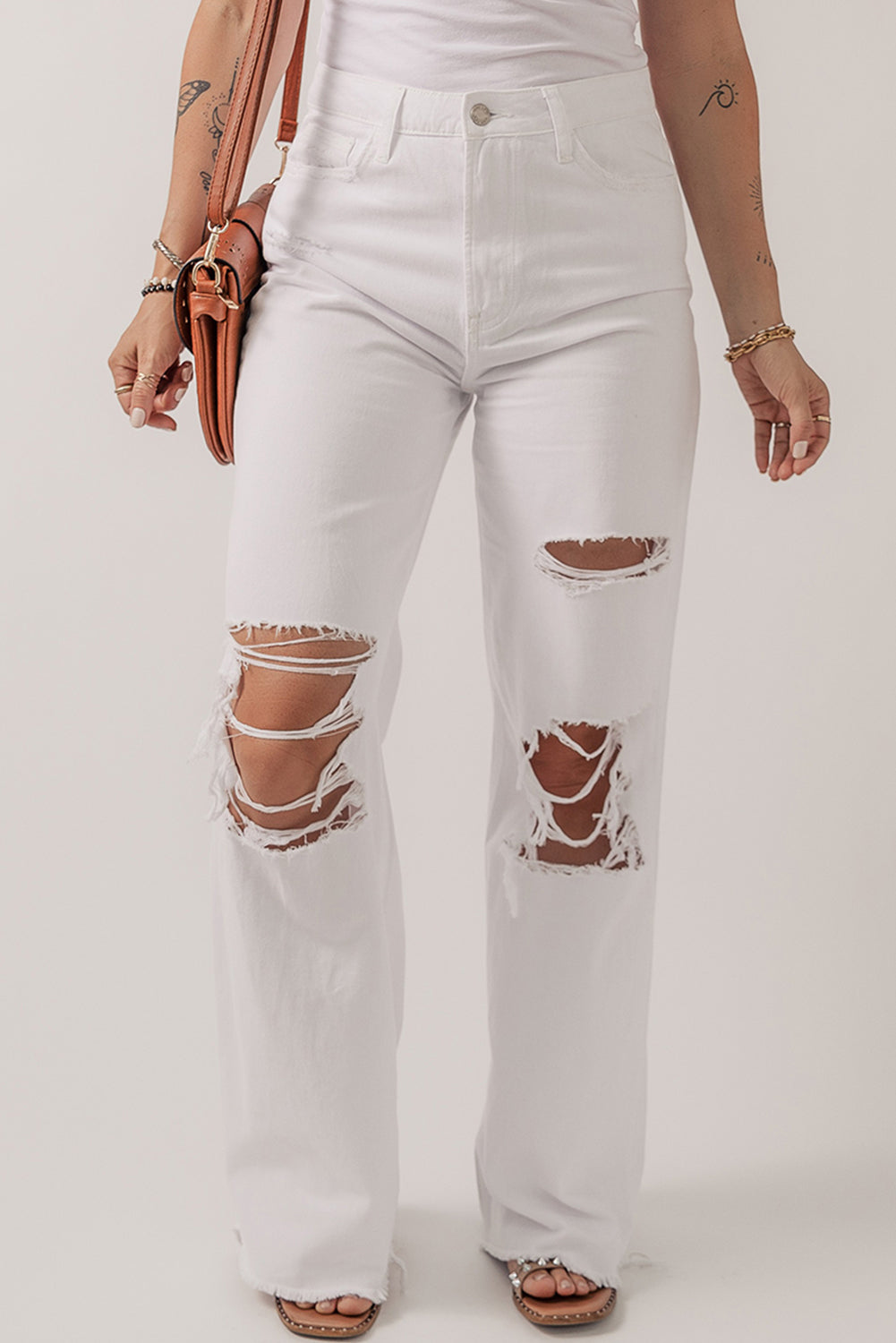 Y2K Bright White Heavy Distressed Straight Leg Jeans
