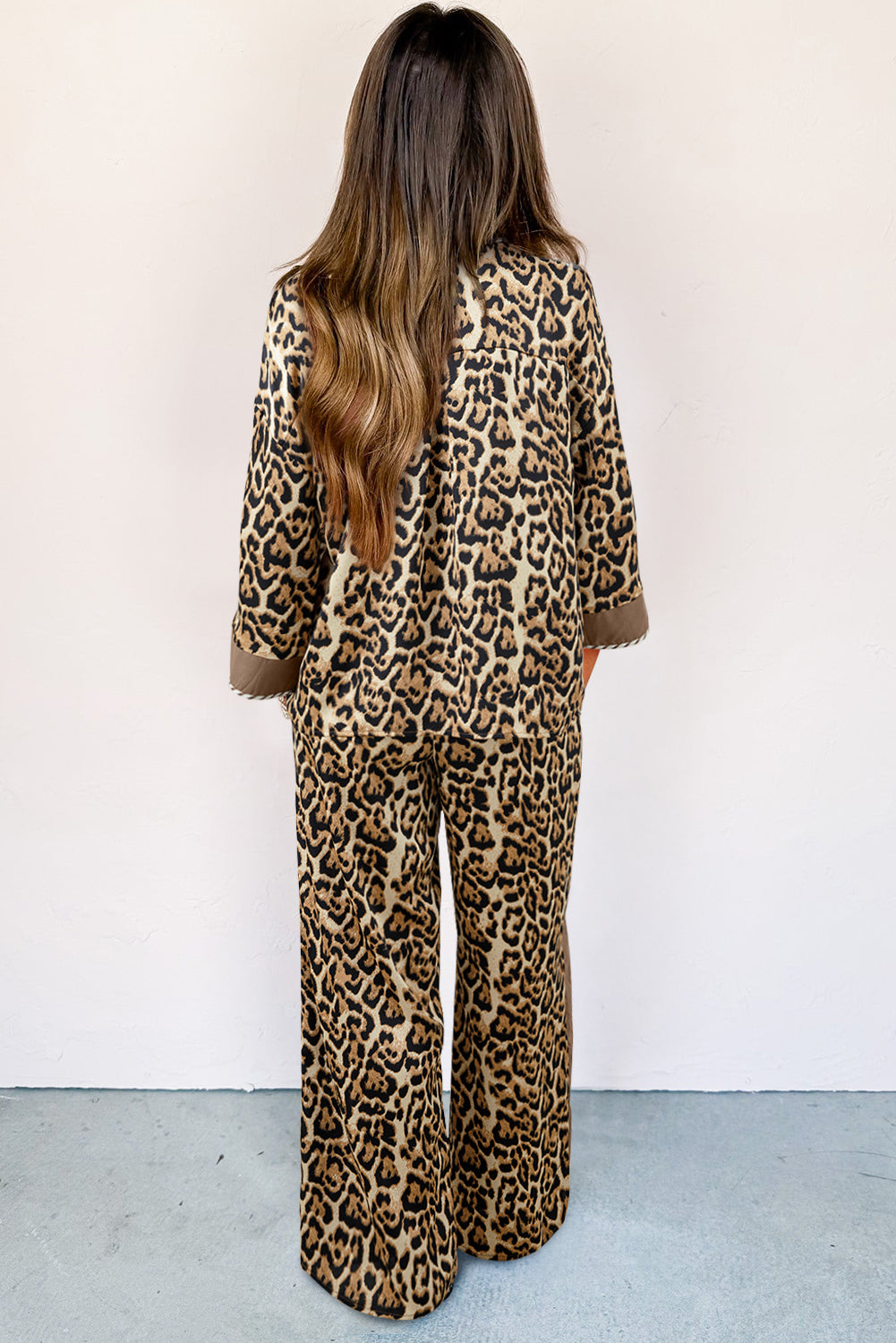 Y2K Brown Leopard Collared 3/4 Sleeve Shirt and Loose Pants Two Piece Outfit Set