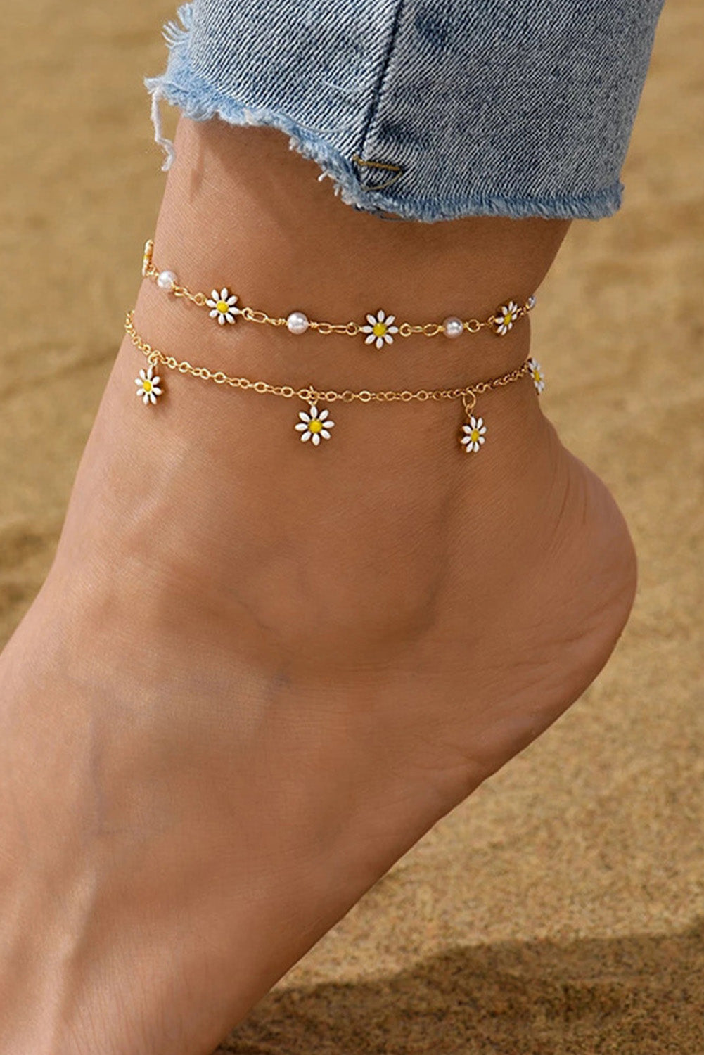 Y2K Gold Daisy & Pearl Chain Anklet