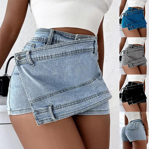 Y2K Street Vintage Denim Shorts Stretch Overlap Waist Wrap Solid