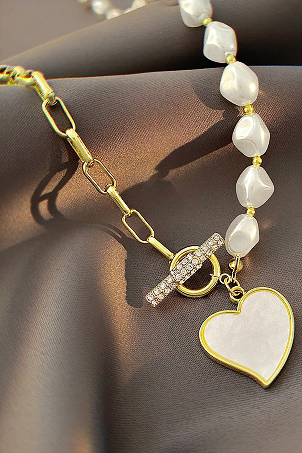 Y2K Gold Heart Shape Pendant Rhinestone Decor Pearl Chain Necklace