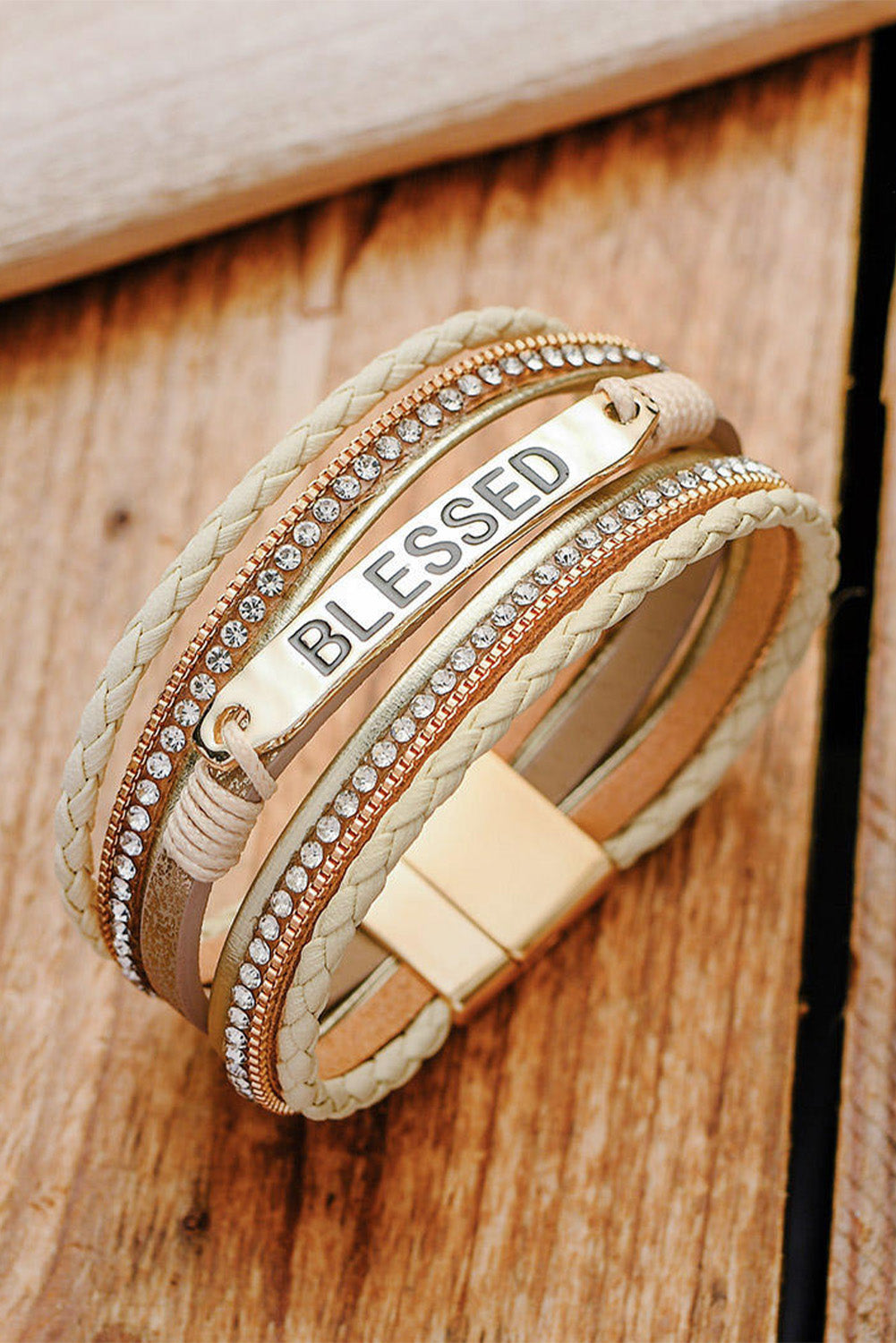 Y2K Beige BLESSED Rhinestone Braided Detail Buckle Bracelet