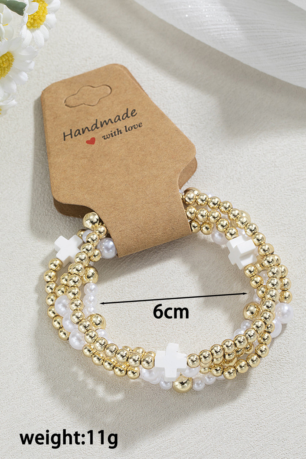 Y2K White Cross Pearl Decor Beaded Elastic Multi Layered Bracelet