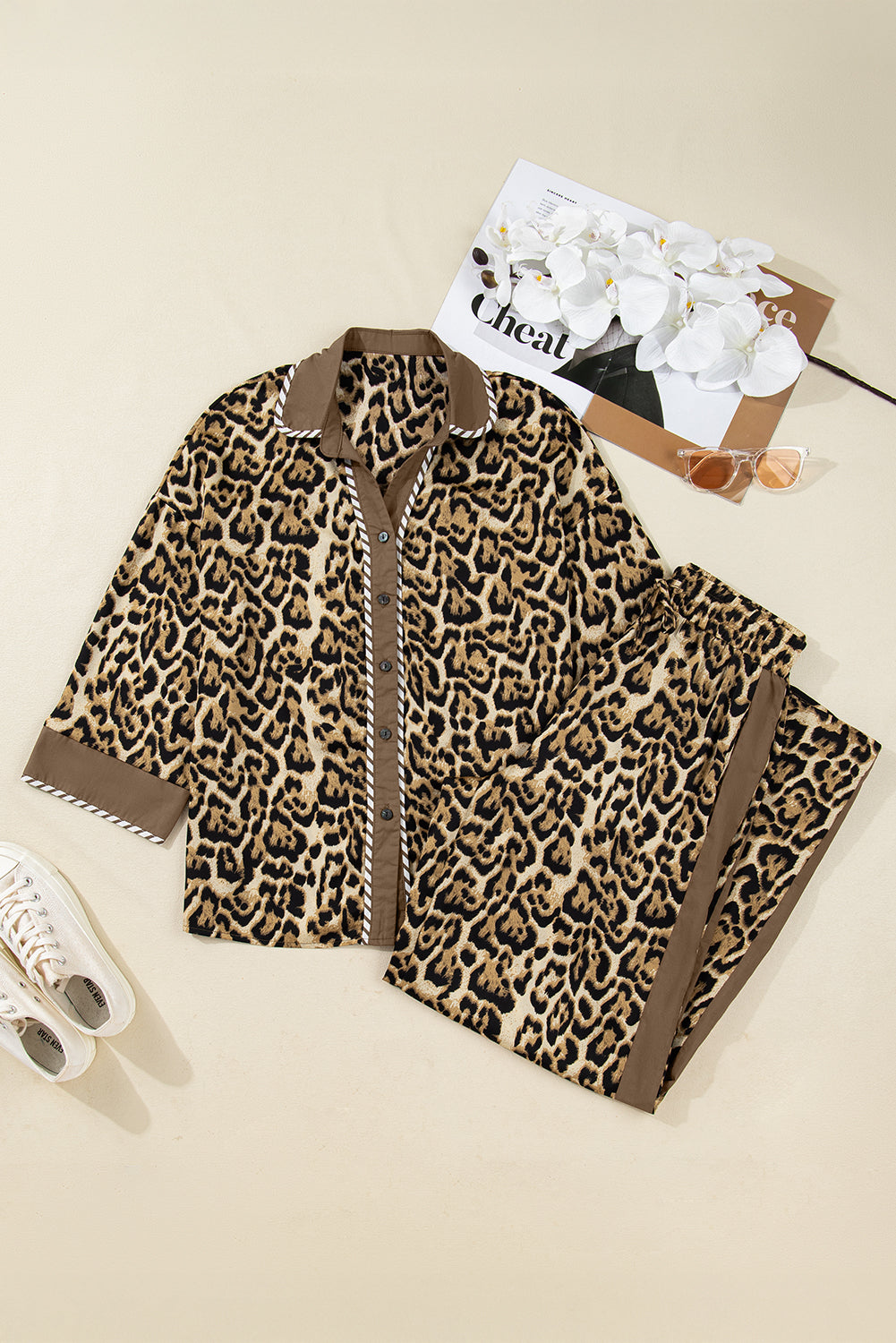 Y2K Brown Leopard Collared 3/4 Sleeve Shirt and Loose Pants Two Piece Outfit Set