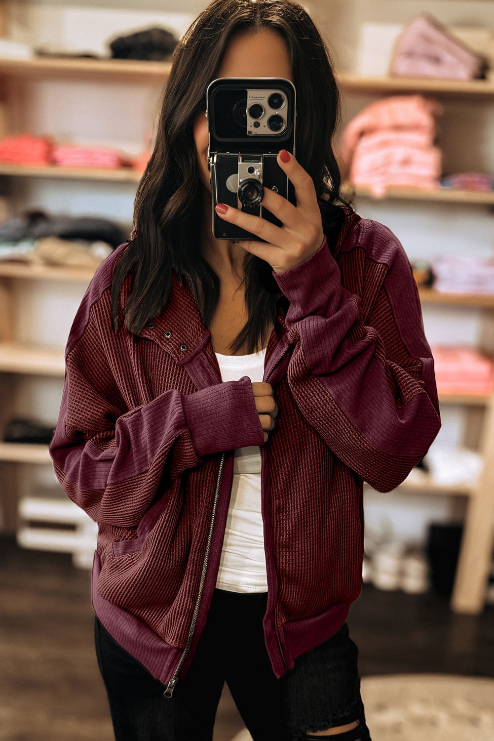 Y2K Burgundy Waffle Splicing Zip Up Front Button Hooded Jacket