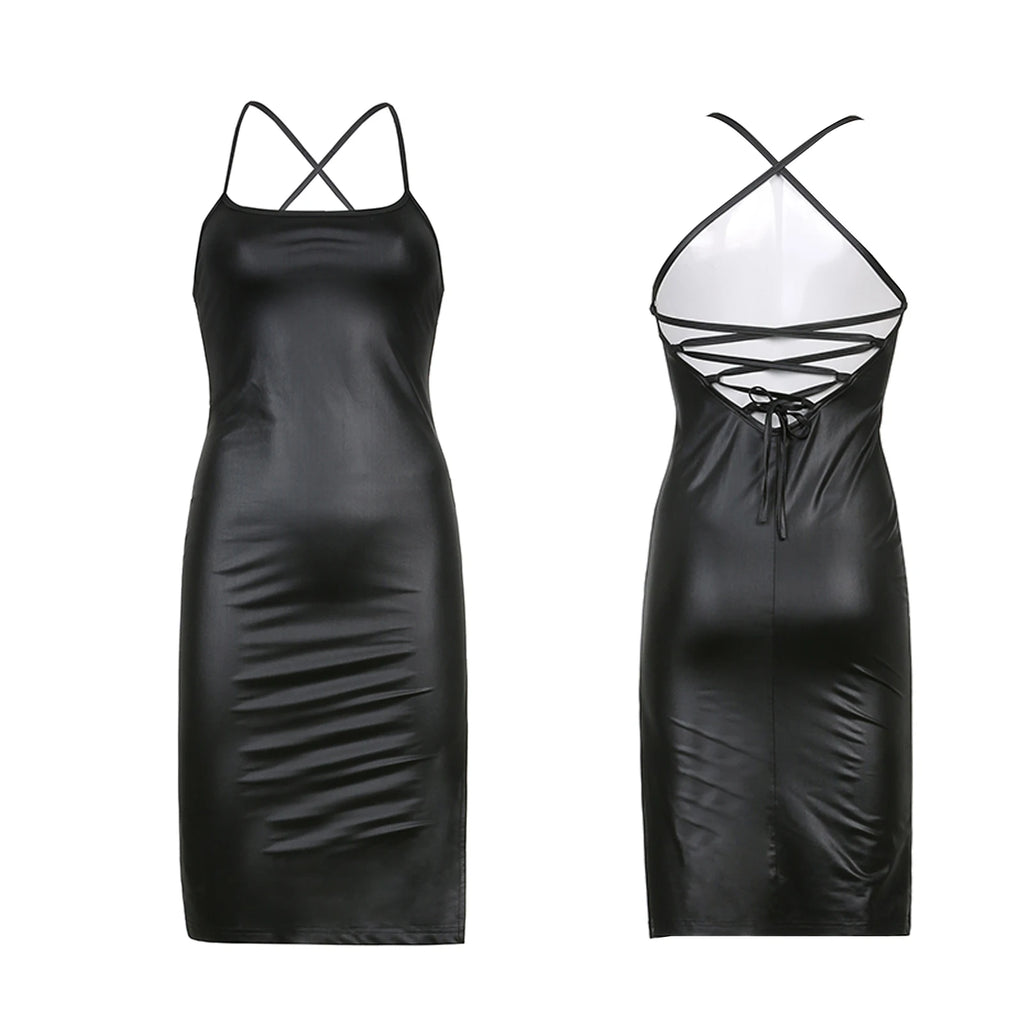 Y2K Leather Muse Mini Dress — Y2K PU Bodycon Spaghetti Strap Dress for Women (Club & Party Edition)