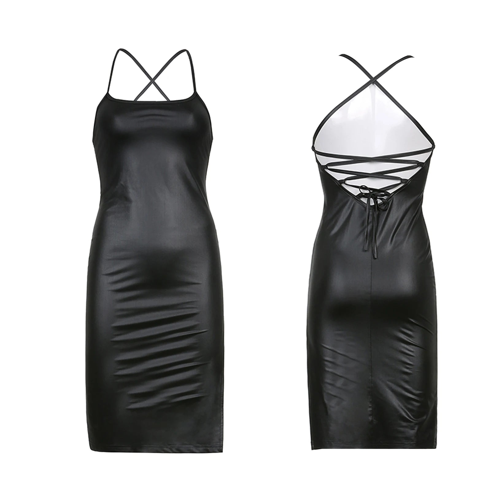 Y2K Leather Muse Mini Dress — Y2K PU Bodycon Spaghetti Strap Dress for Women (Club & Party Edition)