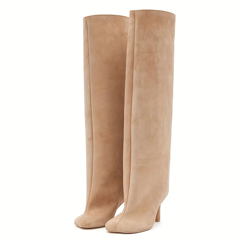 Y2K Suede Knee-High Boots — Square Toe Stiletto Heels for Party & Street Style
