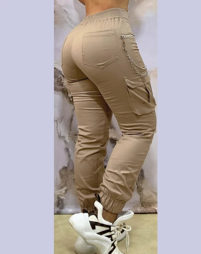 Y2K Chain Code Cargo Pants — Cuffed Streetwear Work Pants with Pocket + Chain