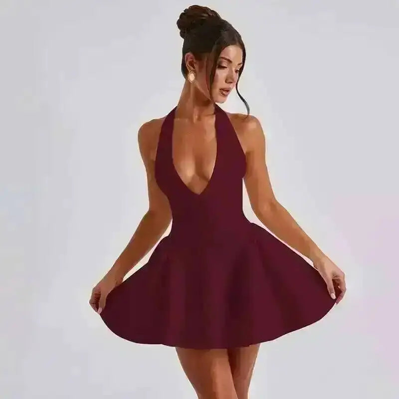 Y2K Veluxe Halo Mini Dress — Backless V-Neck A-Line Party Dress