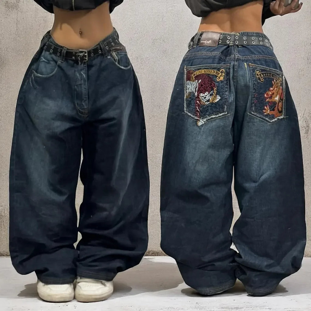 Y2K Retro Rhythm Jeans — Embroidered Baggy Denim