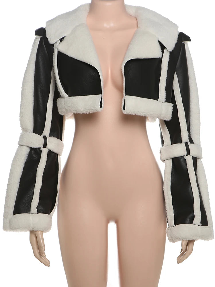 Y2K Electric Fluff Jacket — Furry Patchwork Cropped Coat