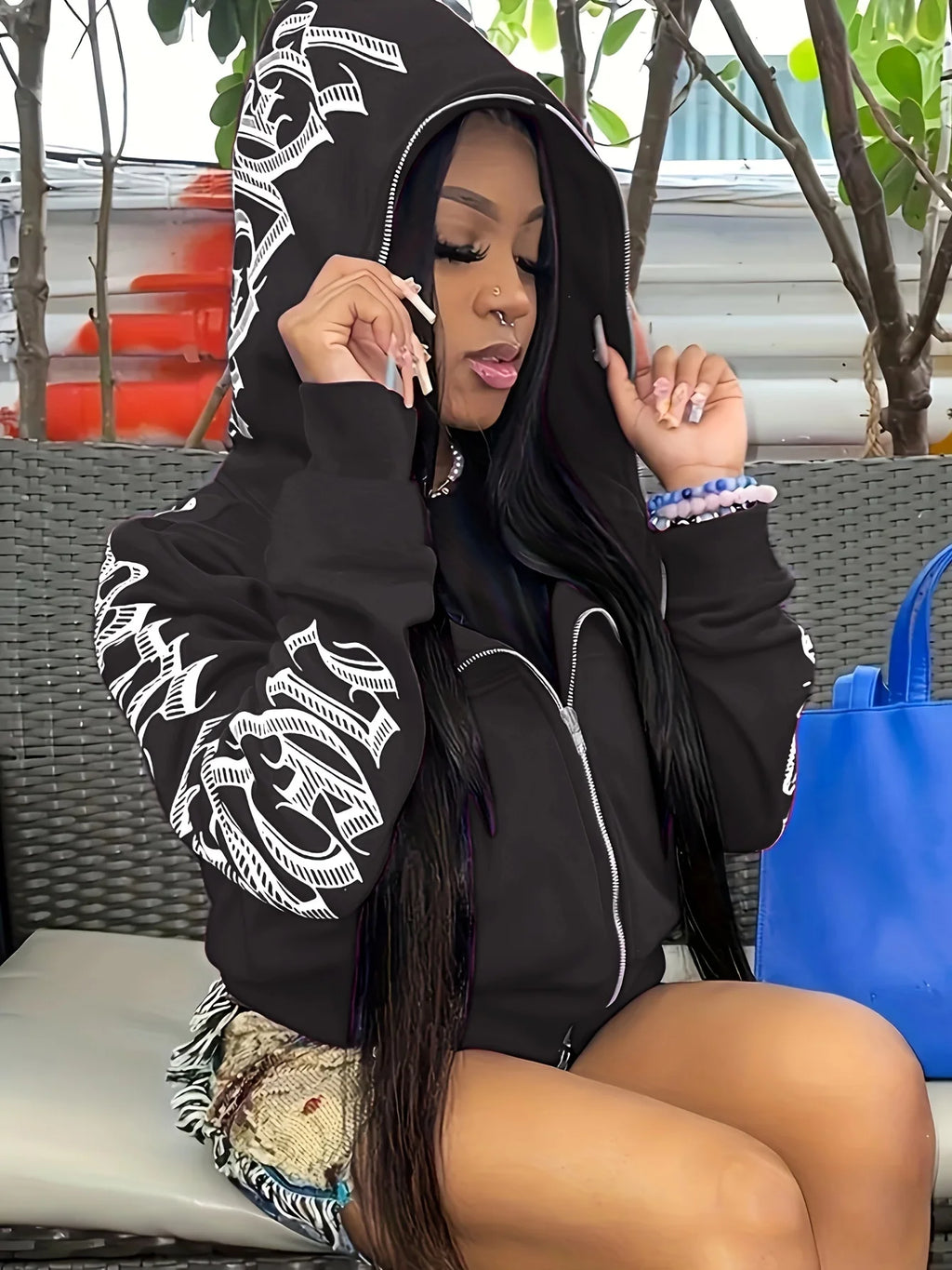 Y2K Cyber Gothic Punk Zip-Up Hoodie — Letter Print Long Sleeve Streetwear