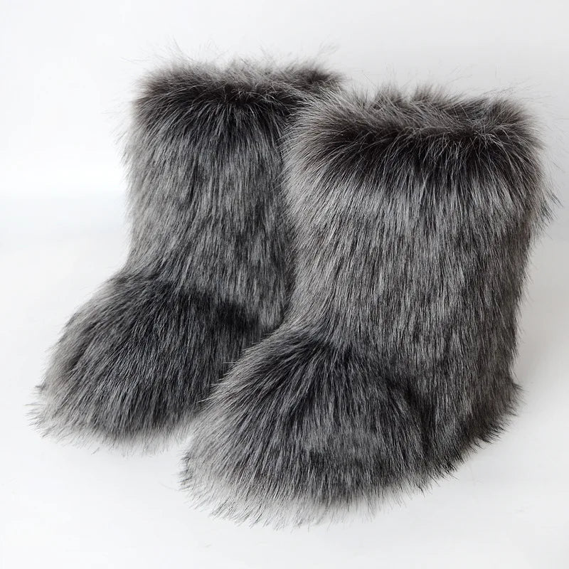 Y2K Luxury Faux Fur Winter Boots — Fluffy Mid-Calf Snow Boots