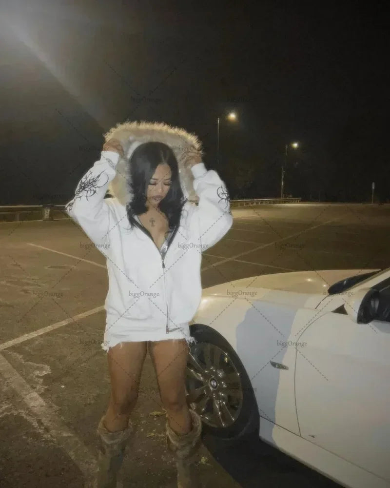 Y2K Plush Fur Zip-Up Hoodie — Cozy Thickened Jacket