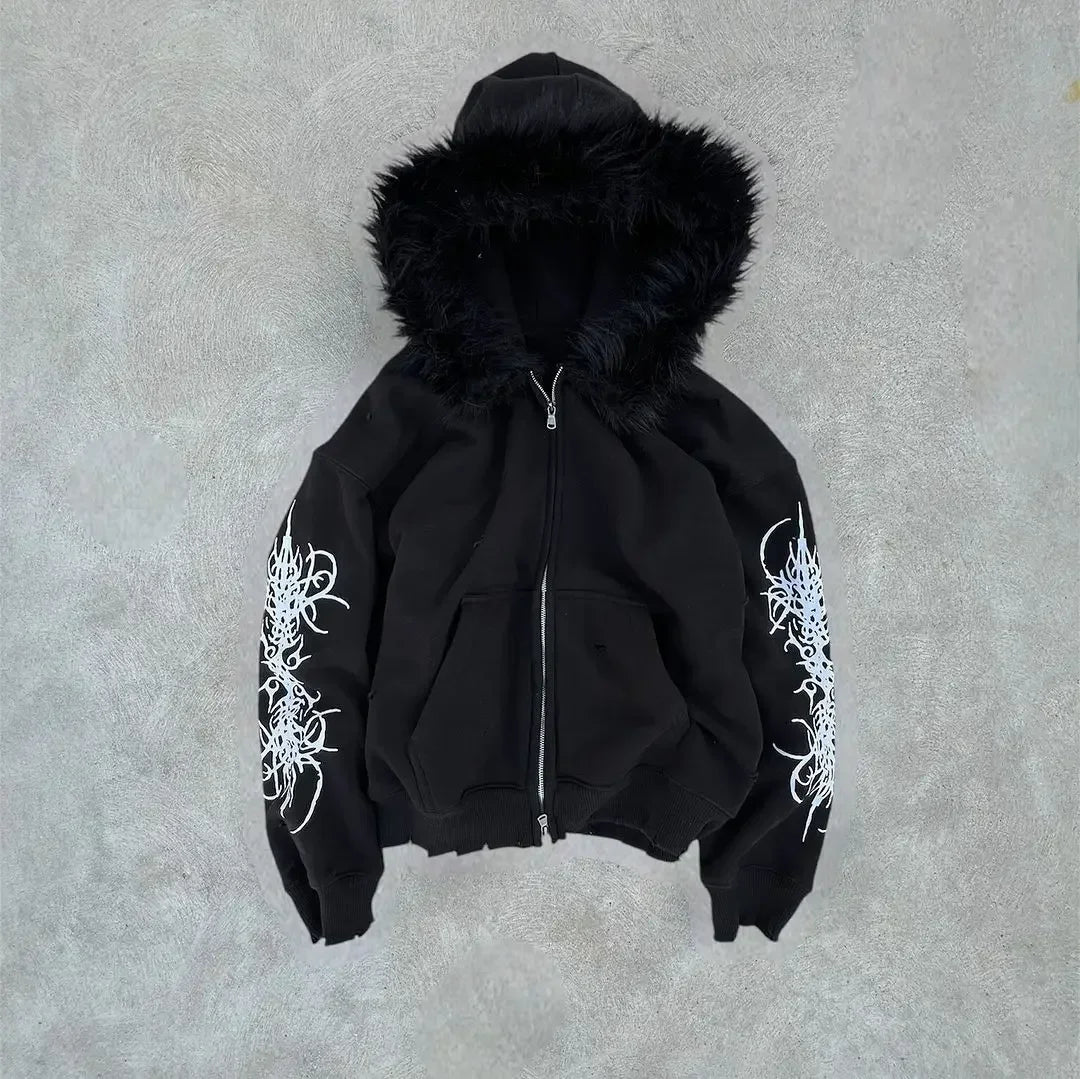 Y2K Plush Fur Zip-Up Hoodie — Cozy Thickened Jacket