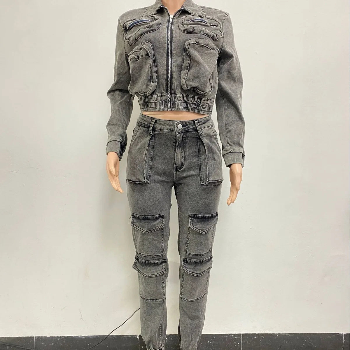 Y2K Urban Alloy Set — High Street Denim Spliced Tracksuit (Wulend Two-Piece Zip-Up Cargo Pants & Jacket)