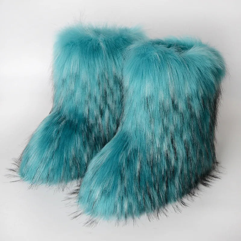 Y2K Luxury Faux Fur Winter Boots — Fluffy Mid-Calf Snow Boots