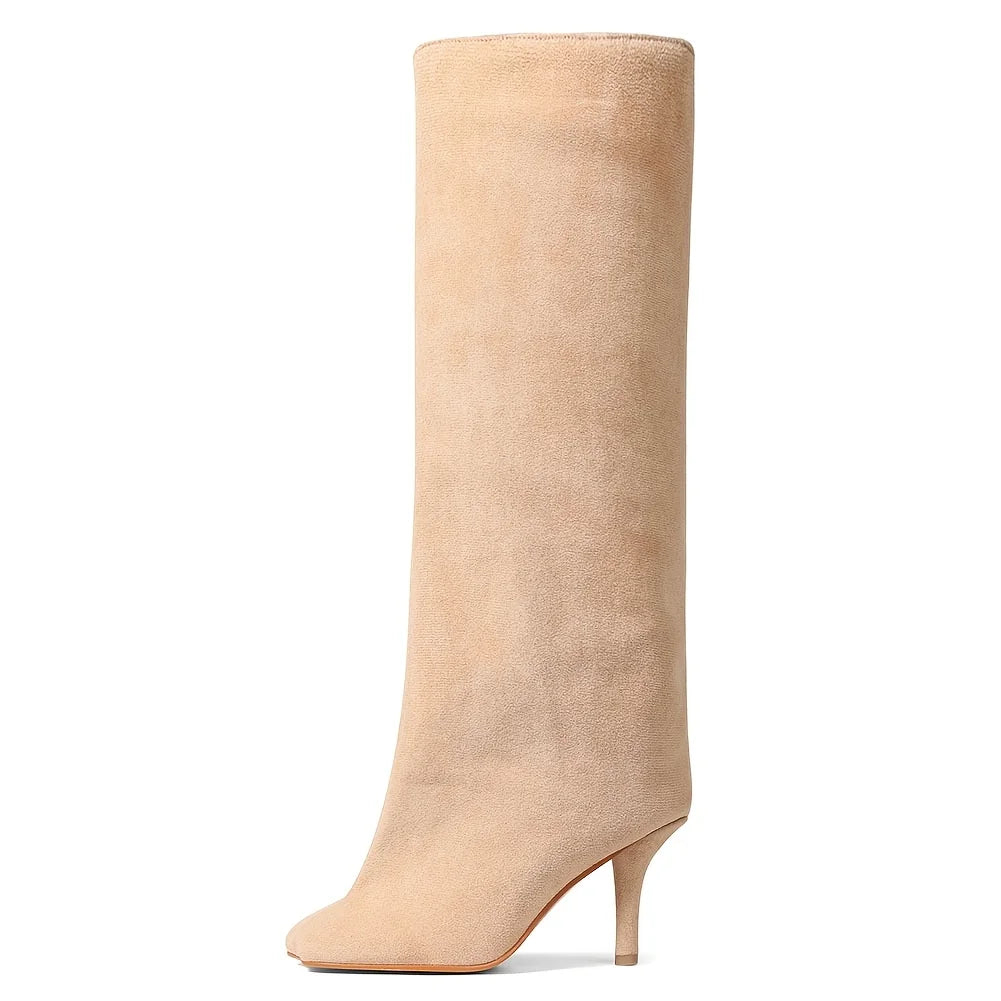 Y2K Suede Knee-High Boots — Square Toe Stiletto Heels for Party & Street Style