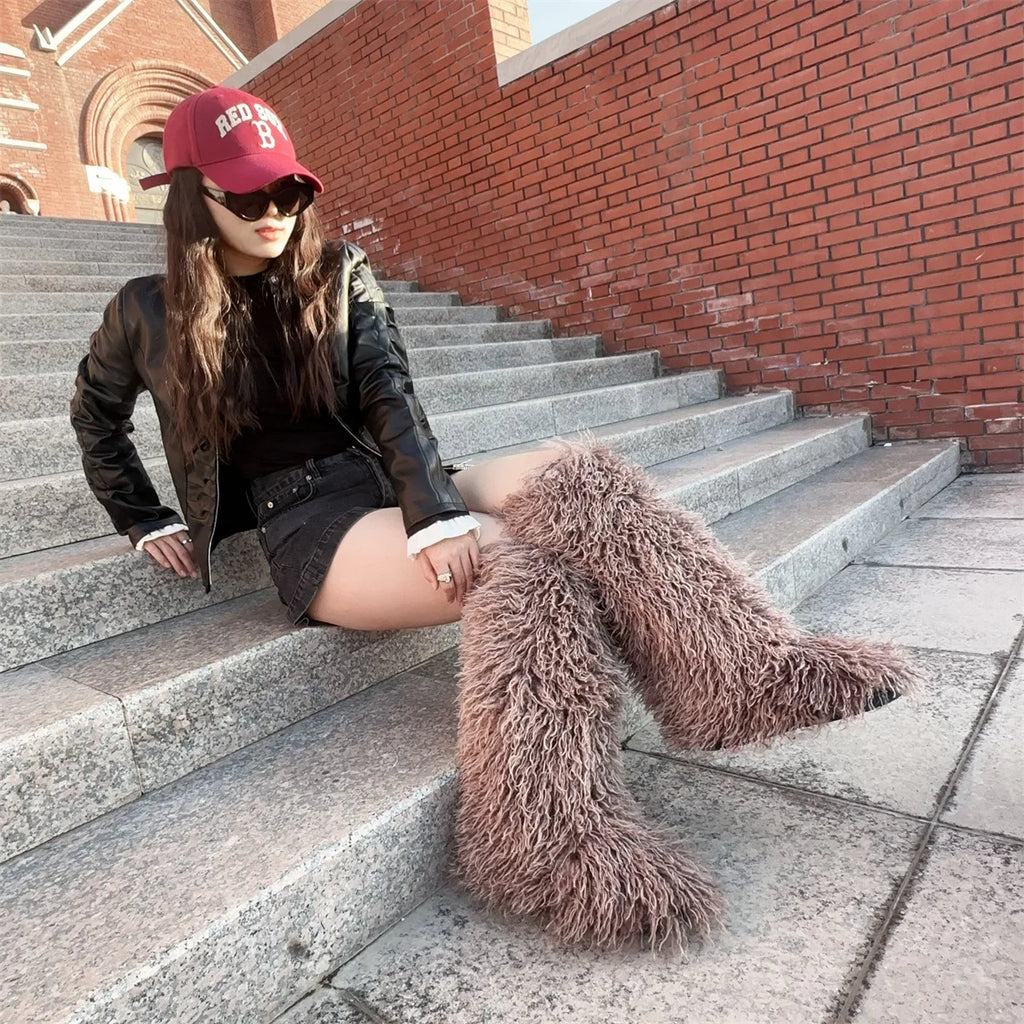 Y2K Arctic Angel Faux Fur Boots — Luxury Knee-High Winter Snow Boots