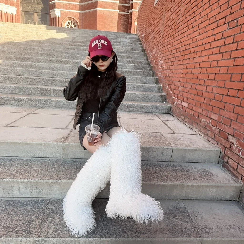 Y2K Arctic Angel Faux Fur Boots — Luxury Knee-High Winter Snow Boots