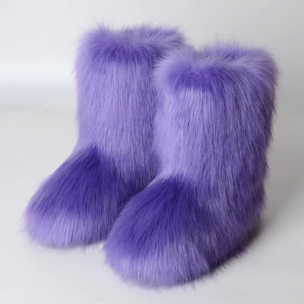 Y2K Luxury Faux Fur Winter Boots — Fluffy Mid-Calf Snow Boots