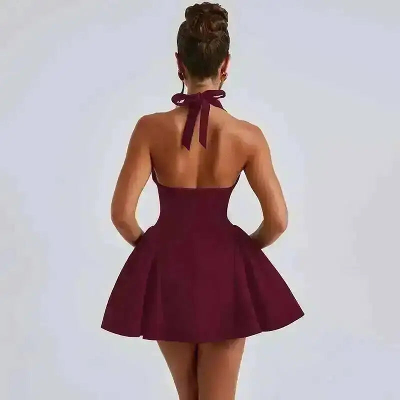 Y2K Veluxe Halo Mini Dress — Backless V-Neck A-Line Party Dress