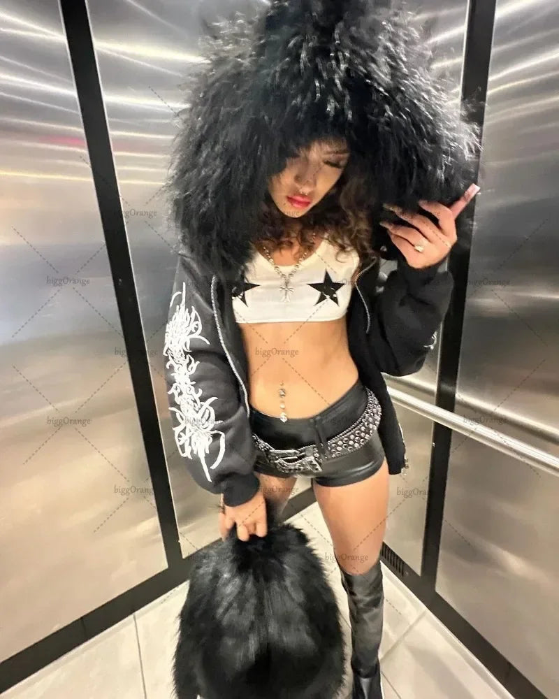 Y2K Plush Fur Zip-Up Hoodie — Cozy Thickened Jacket