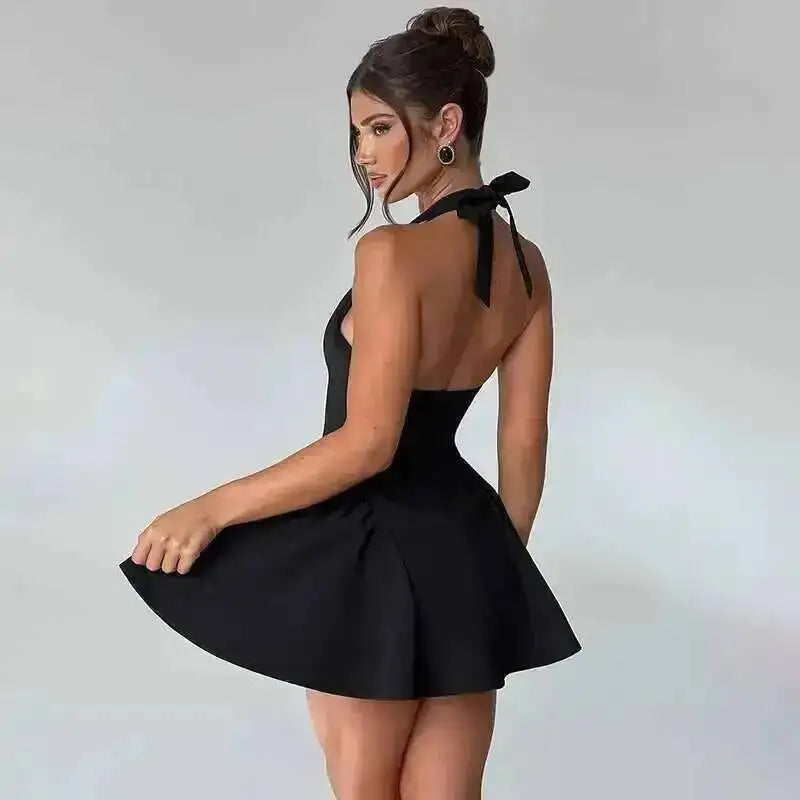 Y2K Veluxe Halo Mini Dress — Backless V-Neck A-Line Party Dress