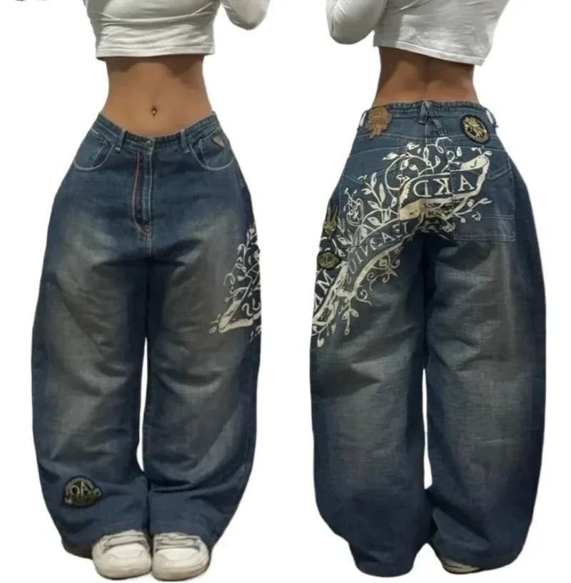 Y2K Retro Rhythm Jeans — Embroidered Baggy Denim