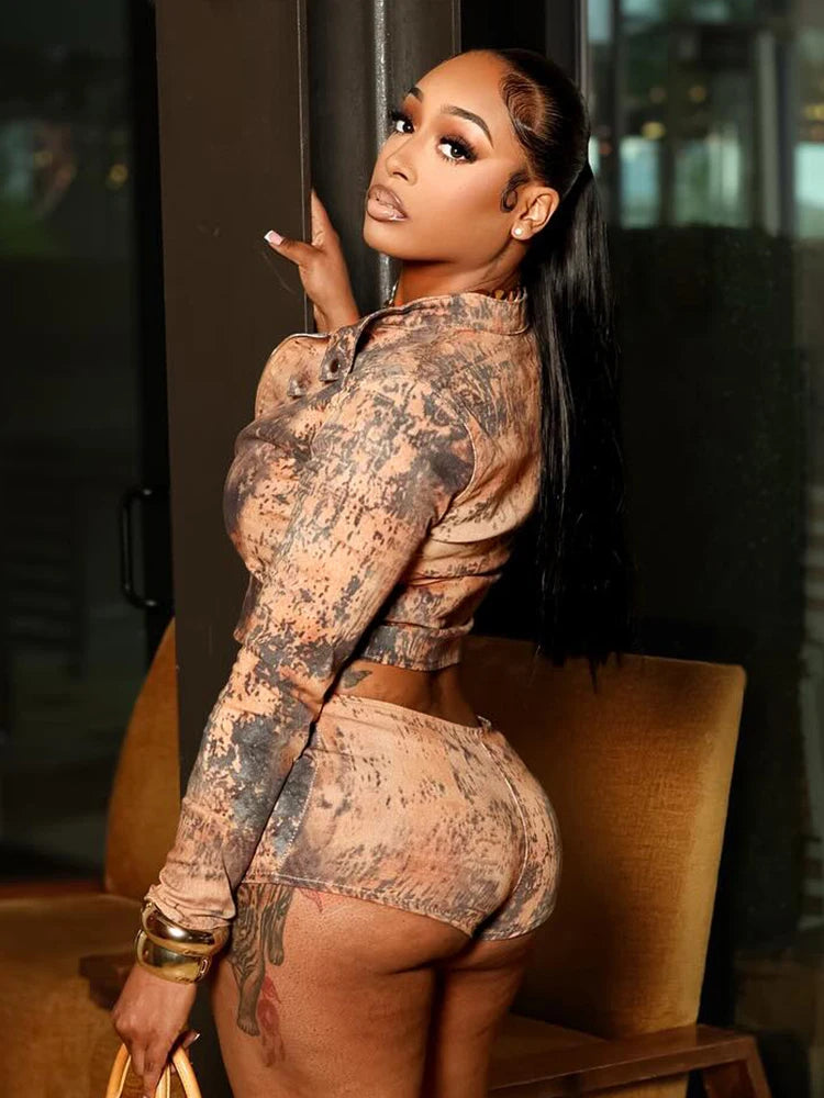 Y2K Chrome Motion Set — Tie-Dye Zip Crop Jacket + Biker Shorts