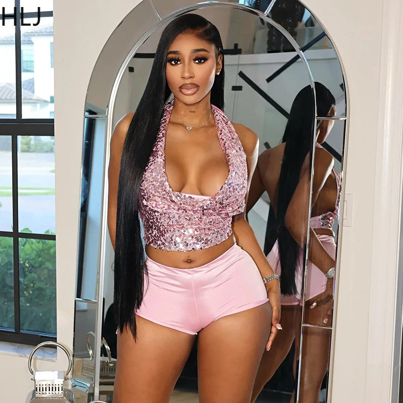 Y2K Wild Heat Set —  Sequin Deep-V Crop Top + Shorts Two-Piece Outfit