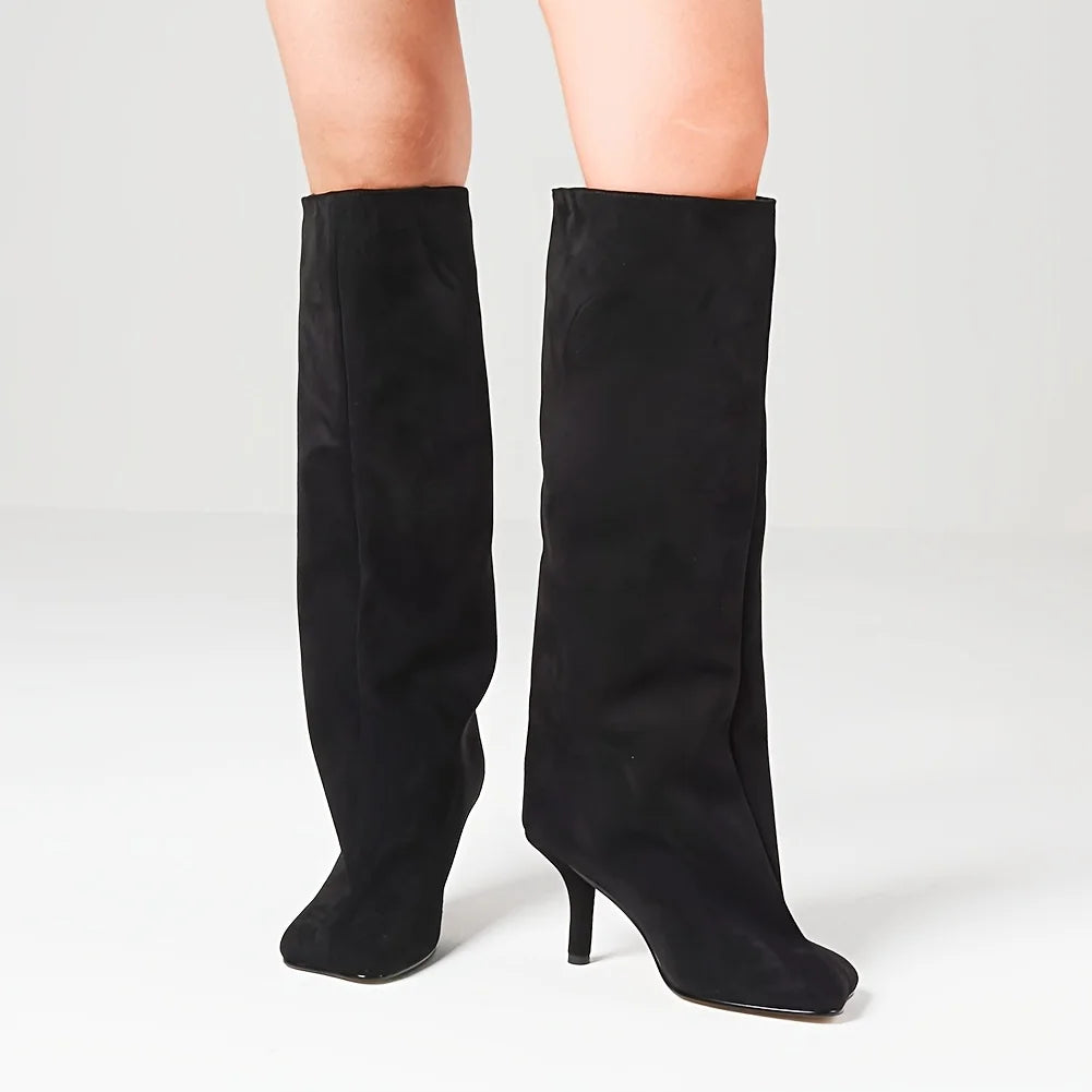 Y2K Suede Knee-High Boots — Square Toe Stiletto Heels for Party & Street Style