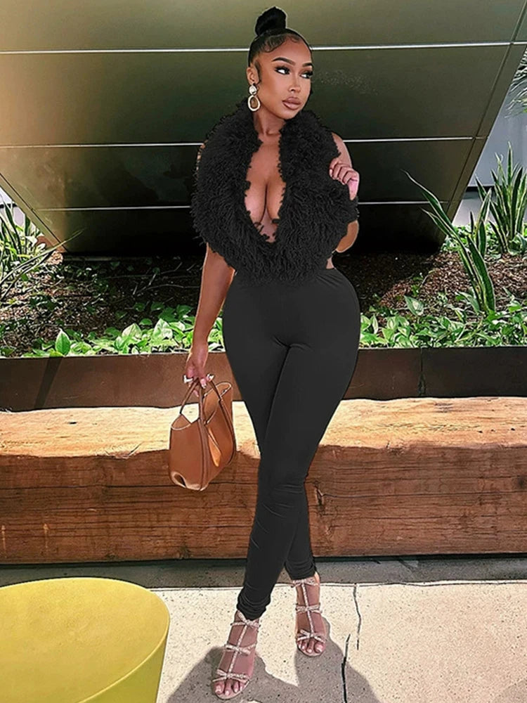 Y2K Midnight Mirage Set — Plush Tassel Lace-Up Halter Top + High-Stretch Pants