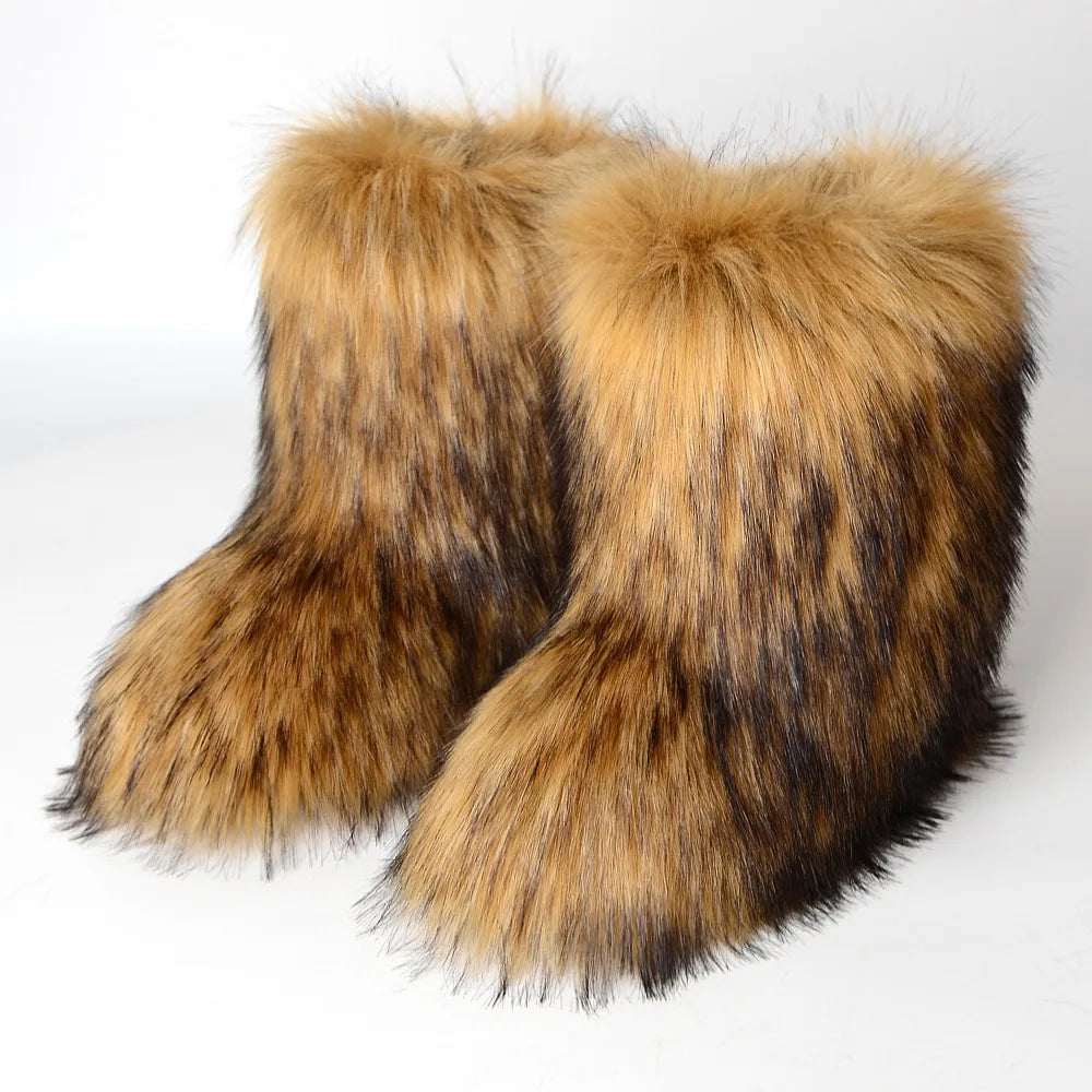 Y2K Luxury Faux Fur Winter Boots — Fluffy Mid-Calf Snow Boots