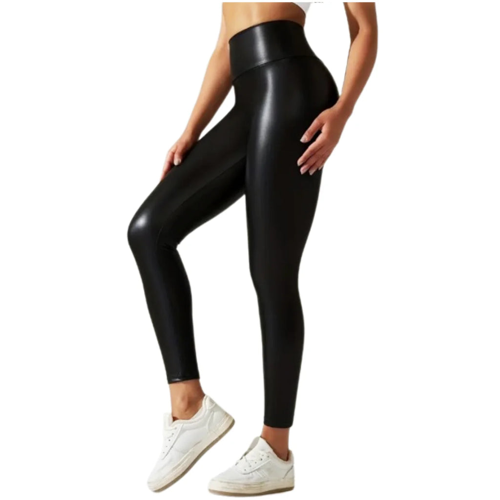 Y2K Chrome Flex Leggings — Faux Leather High-Waist Booty-Lifting Pants