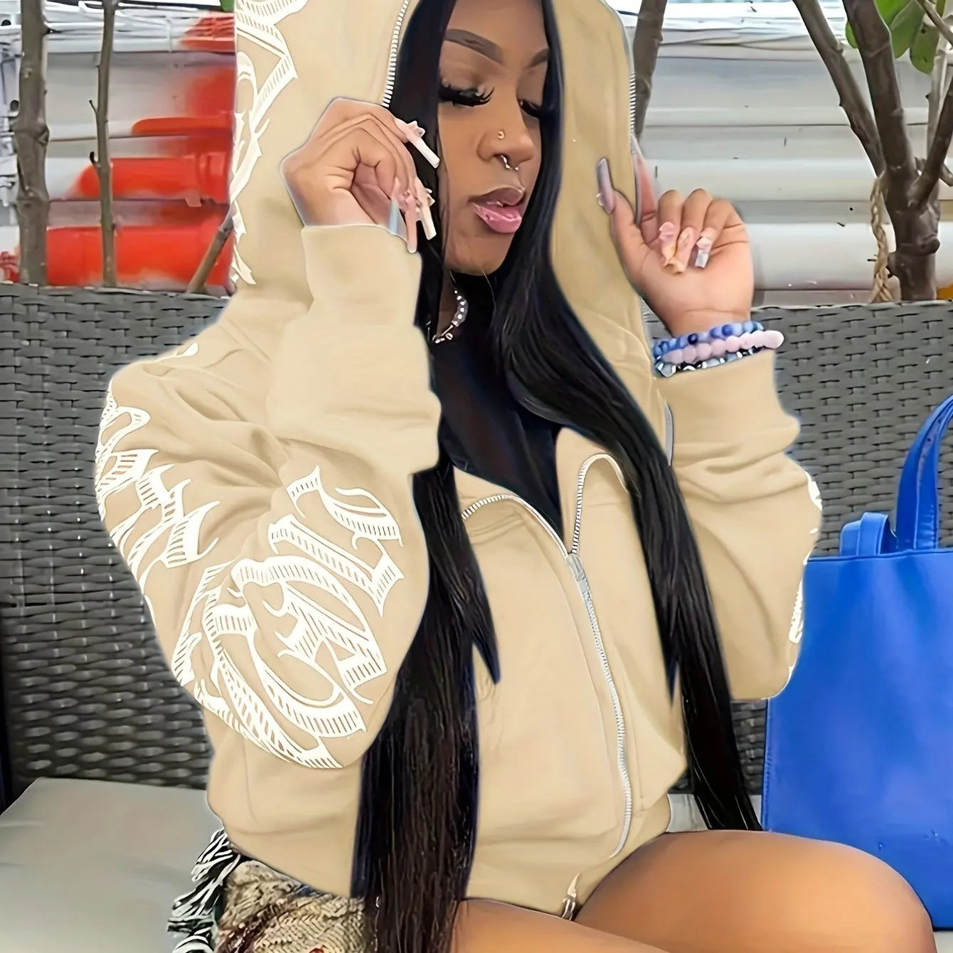 Y2K Cyber Gothic Punk Zip-Up Hoodie — Letter Print Long Sleeve Streetwear