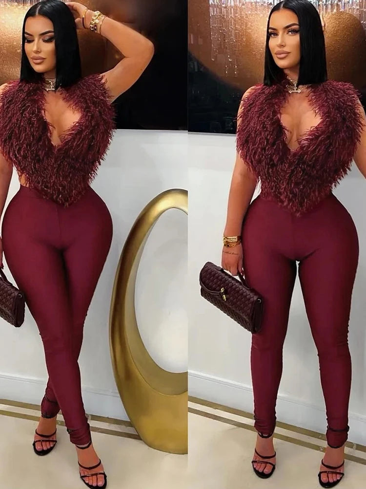 Y2K Midnight Mirage Set — Plush Tassel Lace-Up Halter Top + High-Stretch Pants